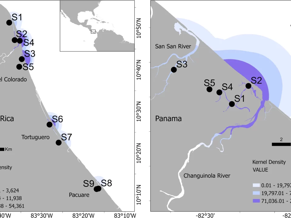 Kernel density map (manatee audios detected) in Costa Rica and Panama