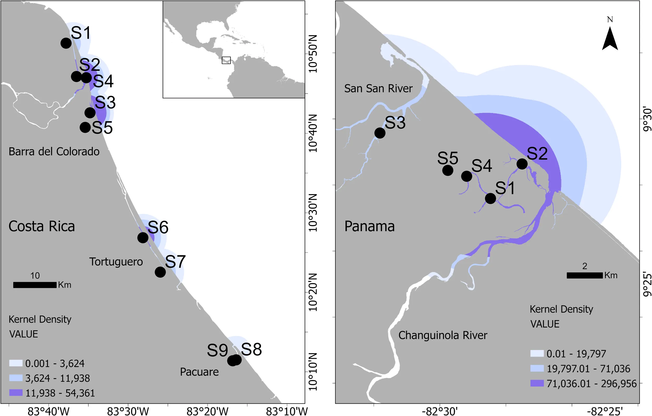 Kernel density map (manatee audios detected) in Costa Rica and Panama